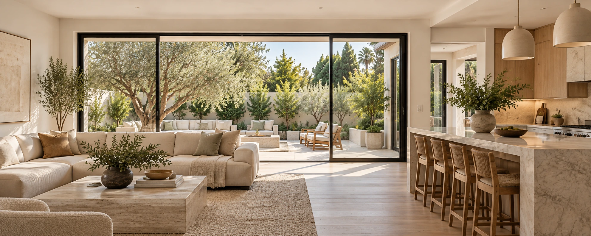Warm modern Los Angeles home with light wood, natural stone and indoor-outdoor living